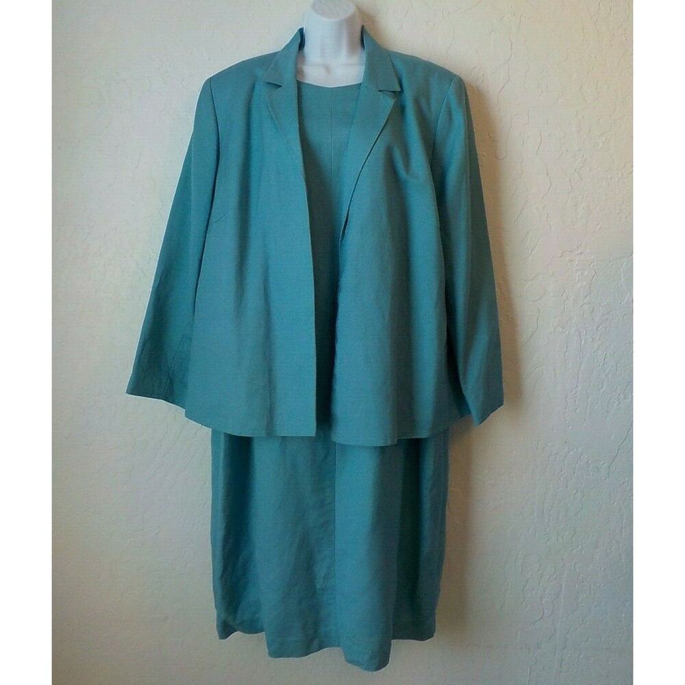 VTG Harve Benard Women 12W Blue Teal Classic Dress w/ Blazer Suit Blazer Linen